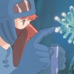 Nausicaä tomando una muestra de las esporas que liberan los hongos del Mar de Putrefacción.
