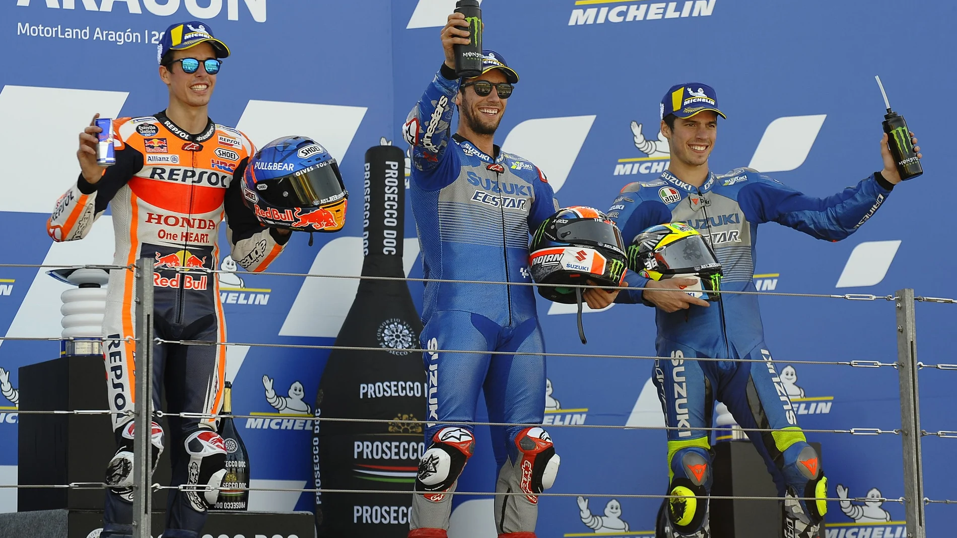 Álex Márquez, Álex Rins y Joan Mir, en el podio de Aragón, que fue cien por cien español en MotoGP