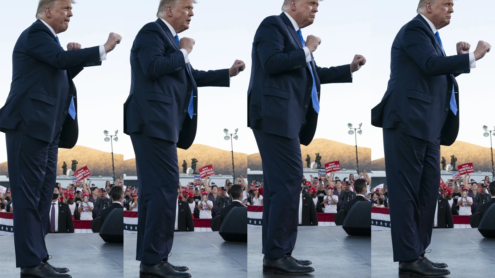 El presidente Donald Trump baila en un acto de campaña en el aeropuerto de Carson City, ayer