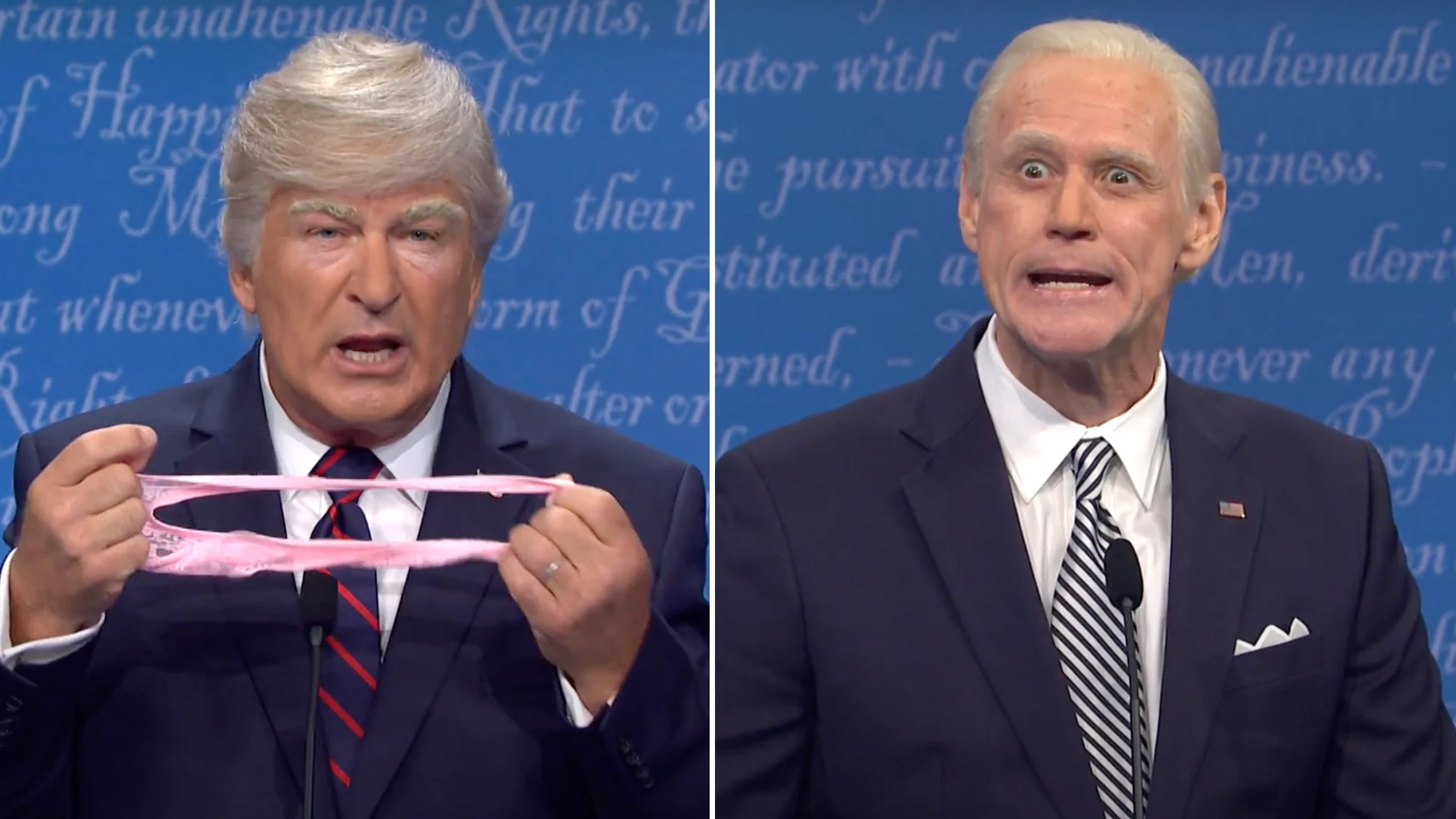 Alec Baldwin parodiando al presidente Donald Trump, y Jim Carrey como el candidato Joe Biden en el programa de humor "Saturday Night Live."