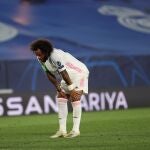 El defensa brasileño del Real Madrid Marcelo Vieira tras el partido de la primera jornada de la Liga de Campeones que Real Madrid y Shakthar Donetsk jugaron este miércoles en el estadio Alfredo di Stefano. EFE/JuanJo Martín