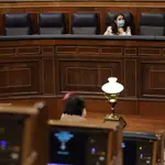 La ministra de Igualdad, Irene Montero, durante el pleno en el que se debate la moción de censura planteada por Vox, en el Congreso de los Diputados