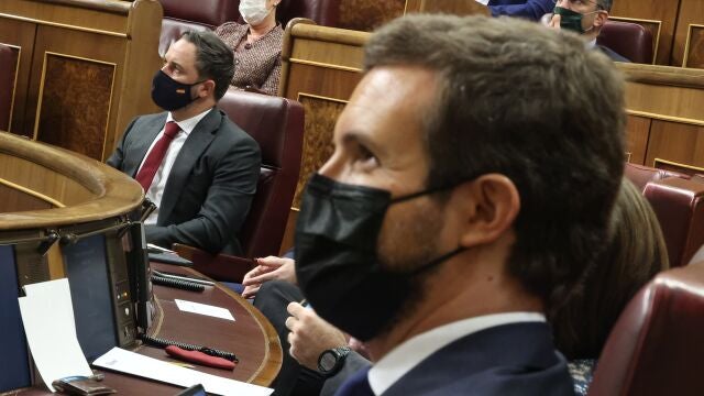 El presidente del PP, Pablo Casado, y al fondo, Santiago Abascal.
