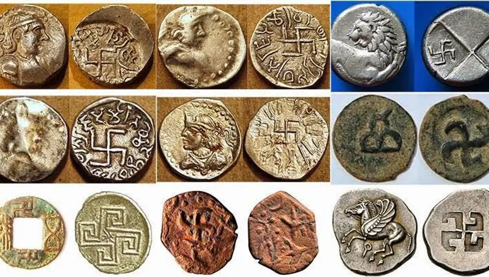 El símbolo de la esvástica, representado en monedas antiguas de diferentes culturas.