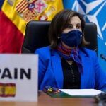 Margarita Robles, durante la videoconferencia de ministros de Defensa de la OTAN