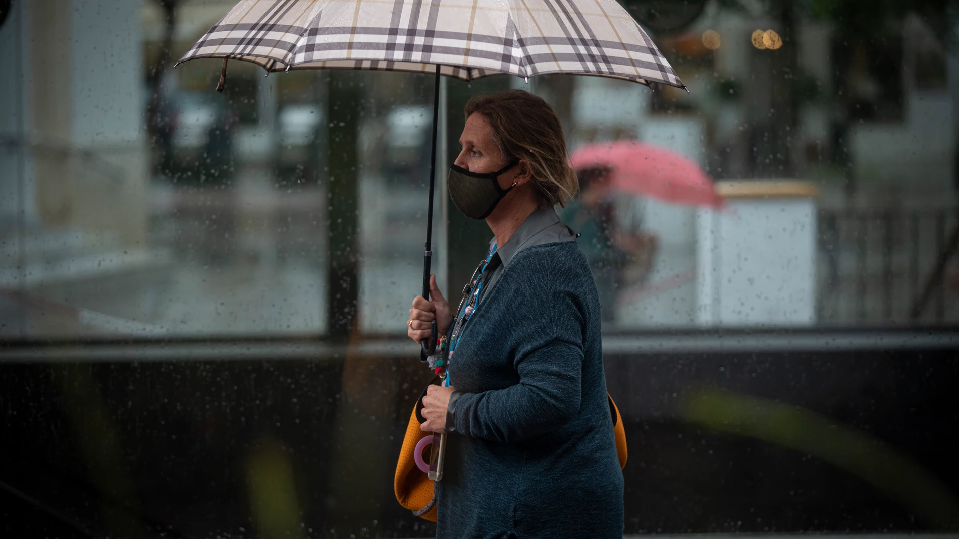 Una mujer se protege bajo su paraguas durante una jornada de lluvia.