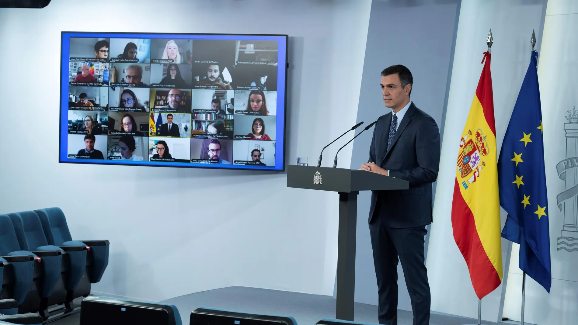 Rueda de prensa de Pedro Sánchez con la participación vía telemática de los periodistas