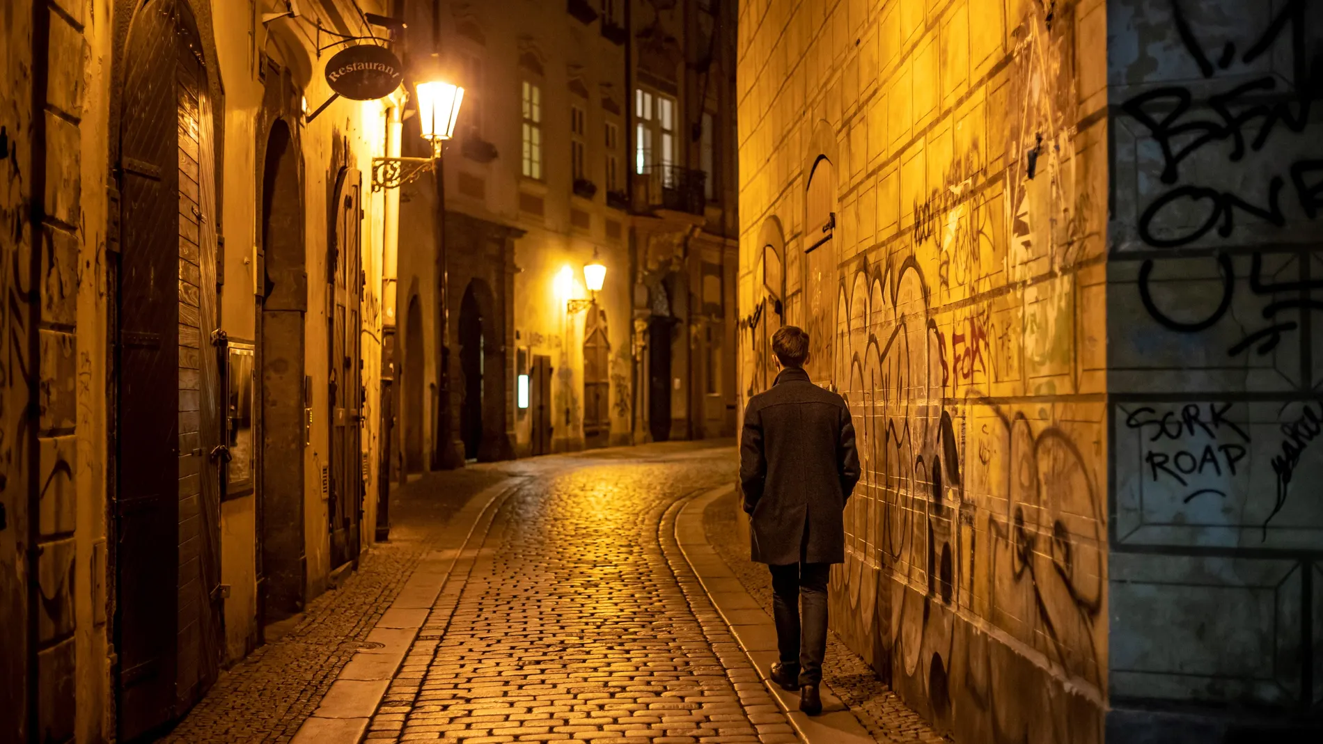 Un hombre camina por una calle solitaria en el centro de Praga