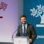 El presidente del PP; Pablo Casado, durante el 23 Congreso Nacional de la Empresa Familiar celebrado este lunes en Casa América, en Madrid