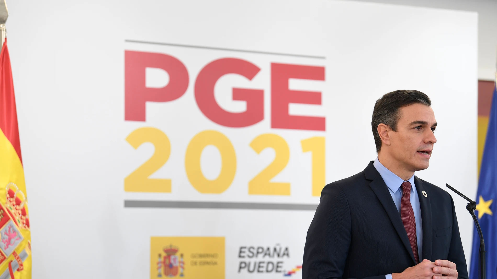 El presidente del gobierno, Pedro Sánchez, interviene durante la presentación de las claves de los Presupuestos Generales del Estado (PGE) 2021 antes de la celebración del Consejo de Ministros, en la sala Tapies de Moncloa, en Madrid (España), a 27 de octubre de 2020.27 OCTUBRE 2020;SANCHEZ;PABLO IGLESIAS;PRESUPUESTOS GENERALES DEL ESTADOMoncloa27/10/2020