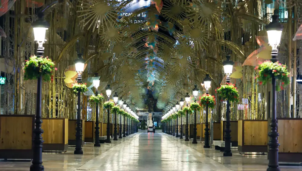 Imagen de la calle Larios, con las luces de navidad puestas, sin nadie andando por ella