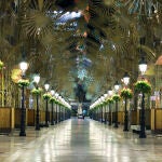 Imagen de la calle Larios, con las luces de navidad puestas, sin nadie andando por ella