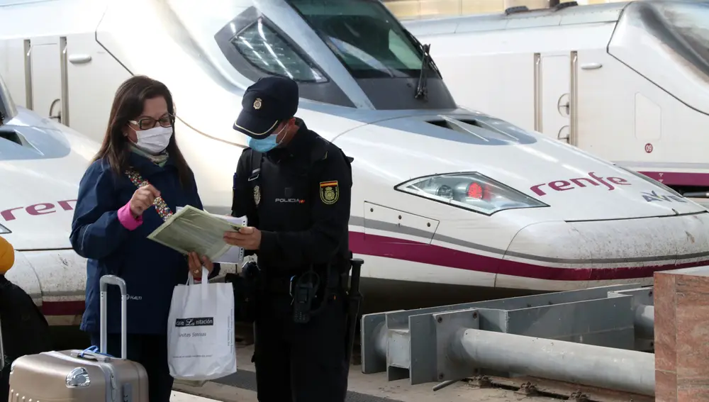 La Policía Nacional realiza controles de movilidad a los pasajeros llegados de Madrid en la Estación María Zambrano, ante las nuevas restricciones de movilidad implantada por el Estado de Alarma por laCovid-19.En Málaga (Andalucía, España), a 30 de octubre de 2020.