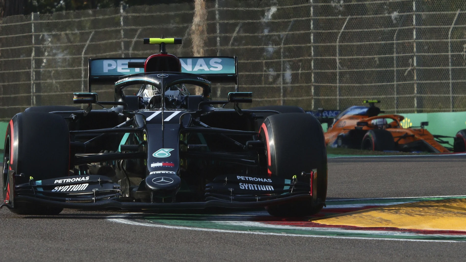 Mercedes driver Valtteri Bottas of Finland steers his racer during qualifying practice for Sunday's Emilia Romagna Formula One Grand Prix, at the Dino and Enzo Ferrari racetrack, in Imola, Italy, Saturday, Oct. 31, 2020. (Davide Gennari/Pool Photo)