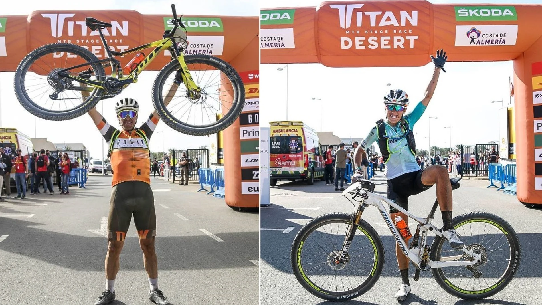 Jesús del Nero y Clàudia Galícia, ganadores de la primera etapa de la Titan Desert Almería 2020, disputada en El Toyo sobre 100 kilómetros