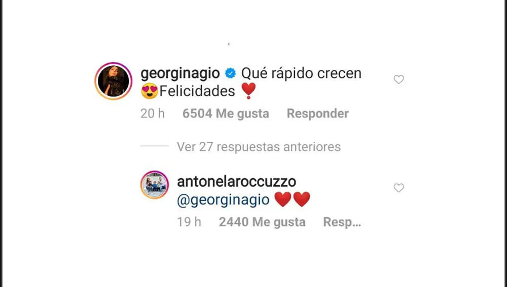 Intercambio de mensajes entre Georgina Rodríguez y Antonella Rocuzzo a través de Instagram.
