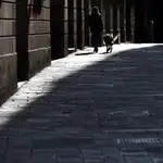 Una persona pasea asu perro por el barrio Gótico de Barcelona. EFE/Alejandro García