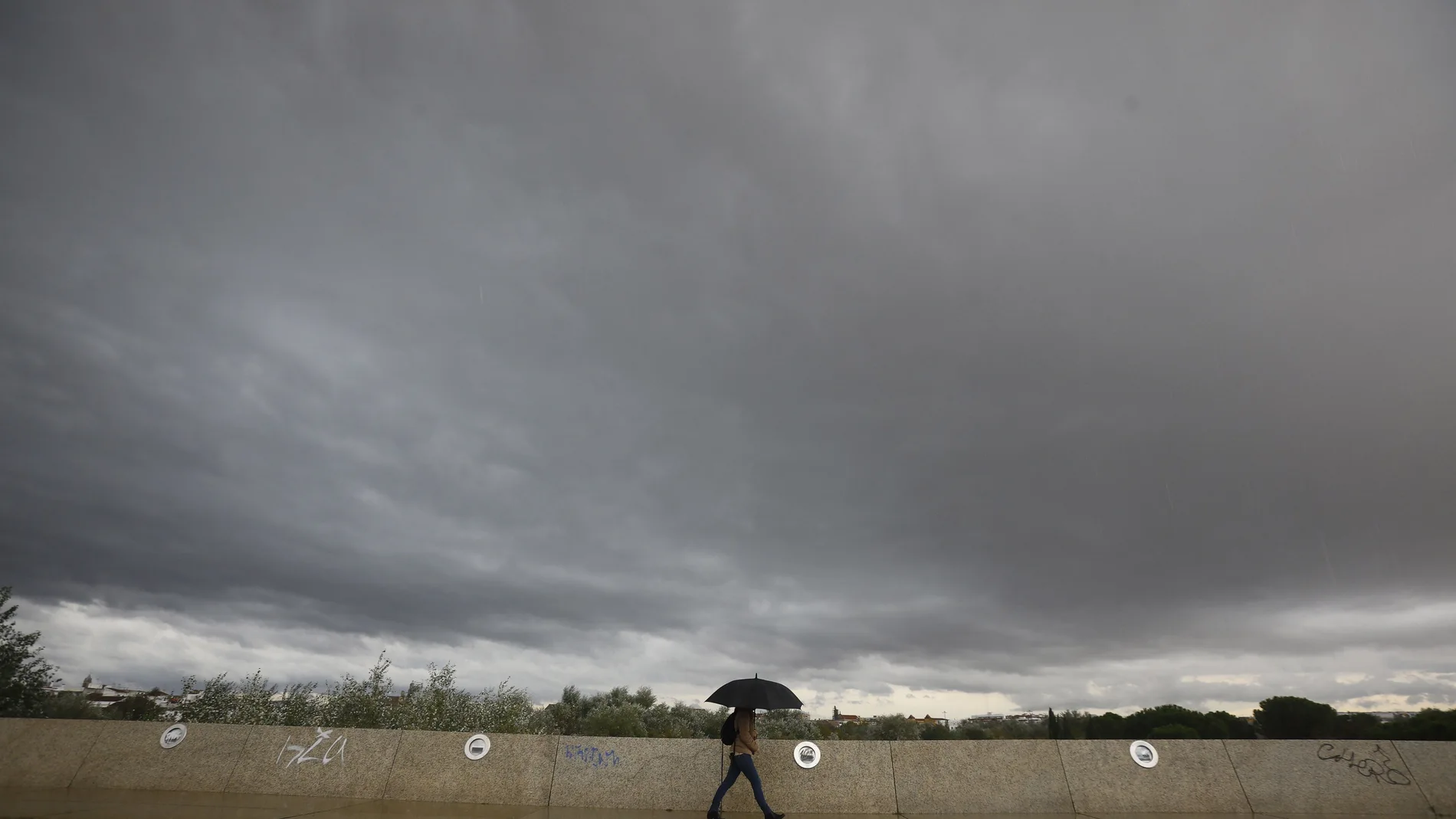 CÓRDOBA- Una persona se resguarda de la lluvia con un paraguas bajo un cielo negro en Córdoba EFE/Salas