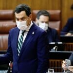 El presidente de la Junta de Andalucía, Juanma Moreno, durante su intervención