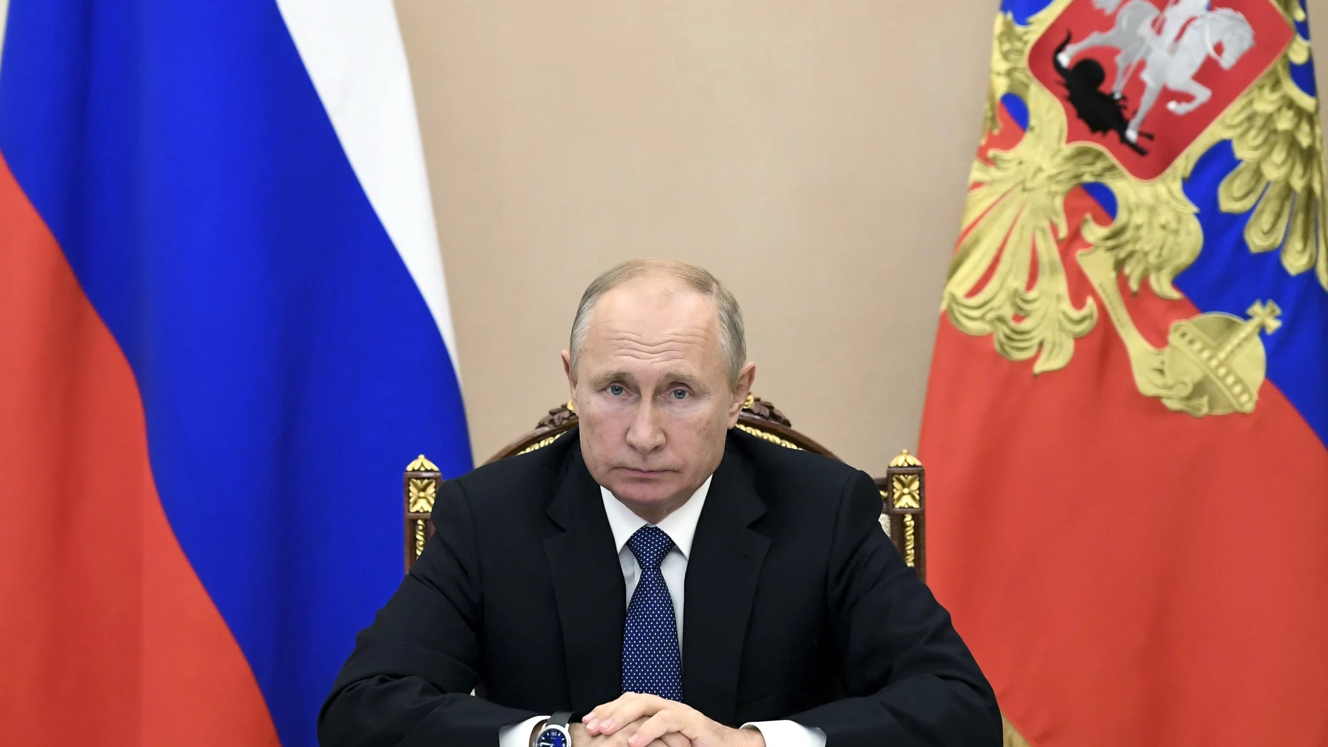 Russian President Vladimir Putin chairs a Security Council meeting via video conference in Moscow, Russia, Friday, Nov. 6, 2020. (Alexei Nikolsky, Sputnik, Kremlin Pool Photo via AP)