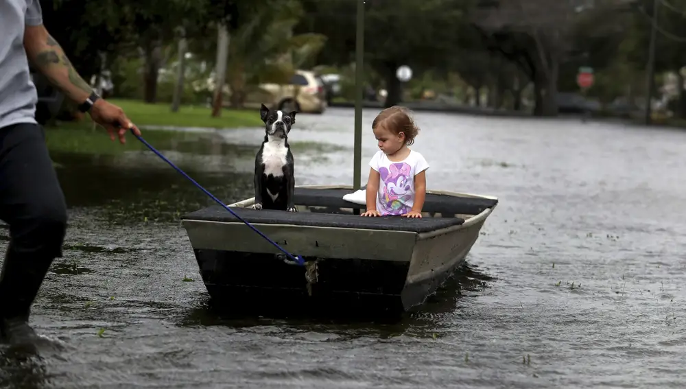 Lemay Acosta pasea a su hija Layla, de 2 años y a su perro en el barrio inundado de Plantation