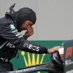 Mercedes driver Lewis Hamilton of Britain reacts after winning the Turkish Formula One Grand Prix at the Istanbul Park circuit racetrack in Istanbul, Sunday, Nov. 15, 2020. (Murad Sezer/Pool via AP)