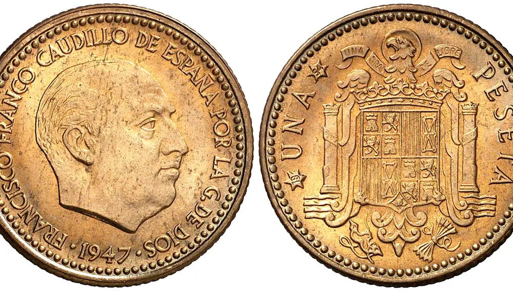 Moneda de una peseta de 1947. Si en su estrella aparece el número 56, su valor puede alcanzar los 1.400 euros