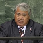 FILE - In this Sept. 20, 2010, file photo, Samoa Prime Minister Tuilaepa Sailele Malielegaoi addresses a summit at the United Nations headquarters. On Thursday, Nov. 19, 2020, Malielegaoi addressed the nation live on television and radio and appealed for calm after the country reported it???s first positive test for the coronavirus, although a second test on the same patient returned a negative result. (AP Photo/Frank Franklin II, File)