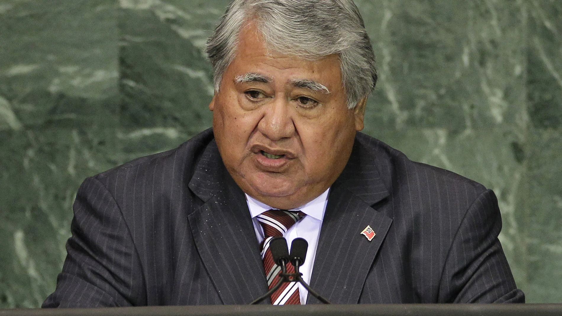 FILE - In this Sept. 20, 2010, file photo, Samoa Prime Minister Tuilaepa Sailele Malielegaoi addresses a summit at the United Nations headquarters. On Thursday, Nov. 19, 2020, Malielegaoi addressed the nation live on television and radio and appealed for calm after the country reported it???s first positive test for the coronavirus, although a second test on the same patient returned a negative result. (AP Photo/Frank Franklin II, File)