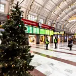 Un árbol de Navidad decora una casi desierta Estación Central de Estocolmo