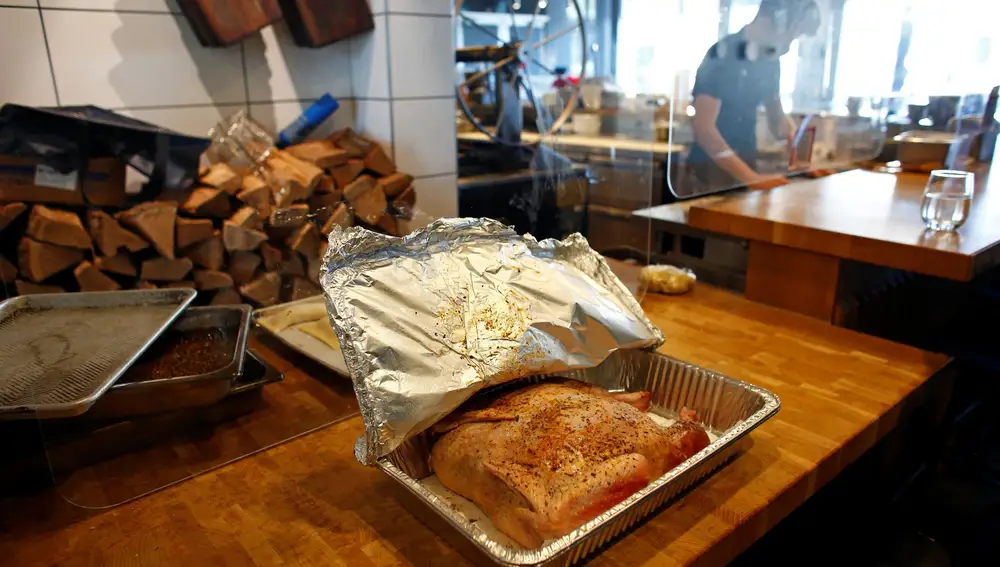 A turducken is seen resting on the counter of Catavella restaurant and has been pre-purchased by a customer for $200 ahead of Thanksgiving in Denver, Colorado, U.S., November 25, 2020. Picture taken November 25, 2020. REUTERS/Kevin Mohatt