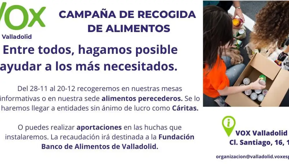 Vox Valladolid pone en marcha una campaña de recogida de alimentos por toda la provincia