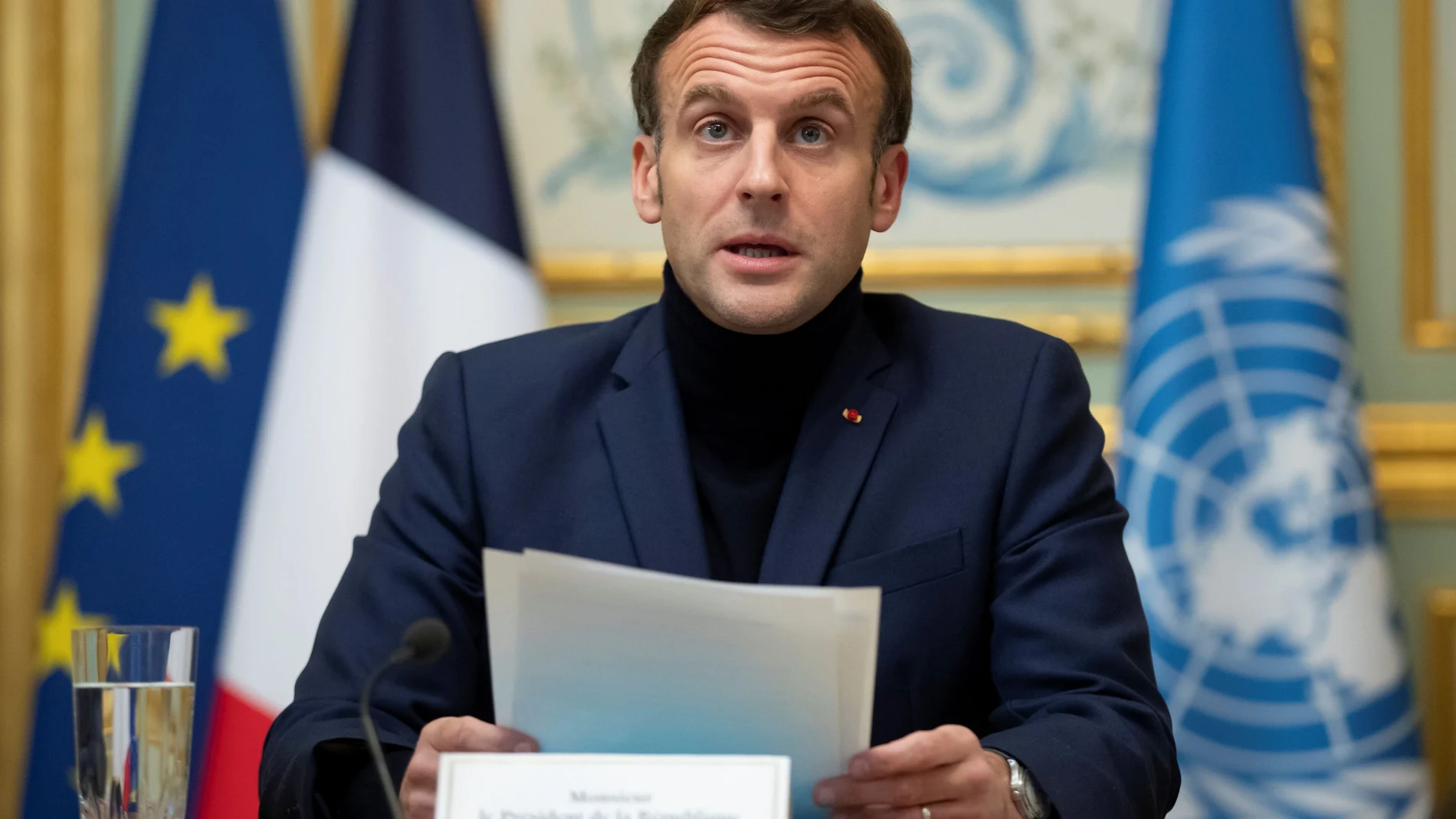 El presidente francés, Emmanuel Macron, durante la conferencia telemática de donantes para Líbano organizada por la ONU