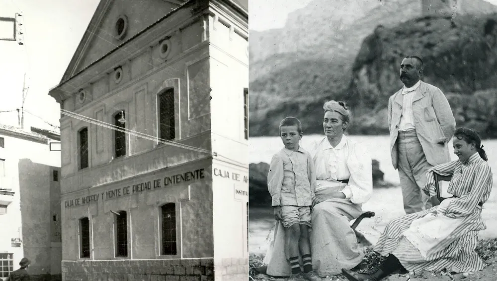 A la izquierda, imagen de la Previsora que, después, se convertiría en la sede de Caixa Ontinyent. Derecha, Guillem Cifre de Colonya, fundador de Caixa Pollença, con su familia.
