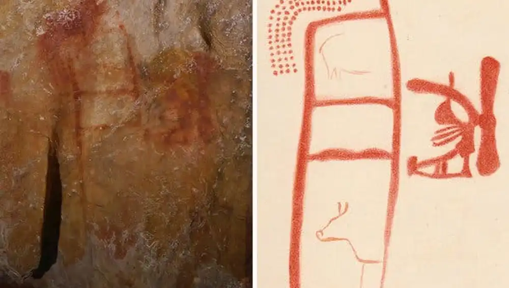 Pintura hallada en la cueva de La Pasiega (Cantabria) que algunos expertos atribuyen a los neandertales.