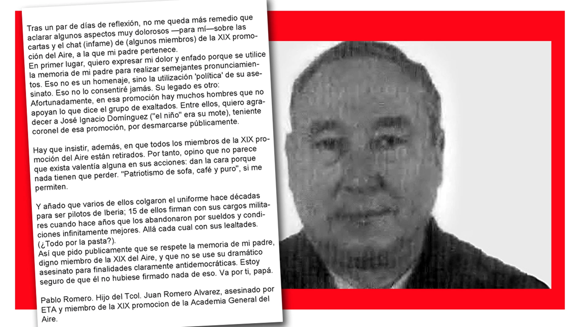 El teniente coronel Juan Romero, asesinado por ETA, y la carta de su hijo