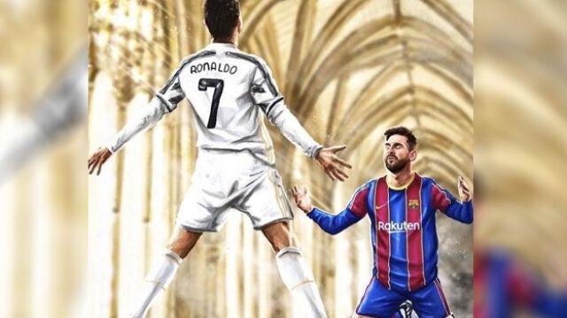 Cristiano Ronaldo celebra un gol ante un arrodillado Leo Messi.