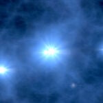 Una representación artística de cómo pudieron ser las primeras estrellas del universo. Se formaron en regiones pequeñas y aisladas, venían en pequeños grupos y eran grandes y calientes, con lo que emitirían una luz fuertemente azulada.
