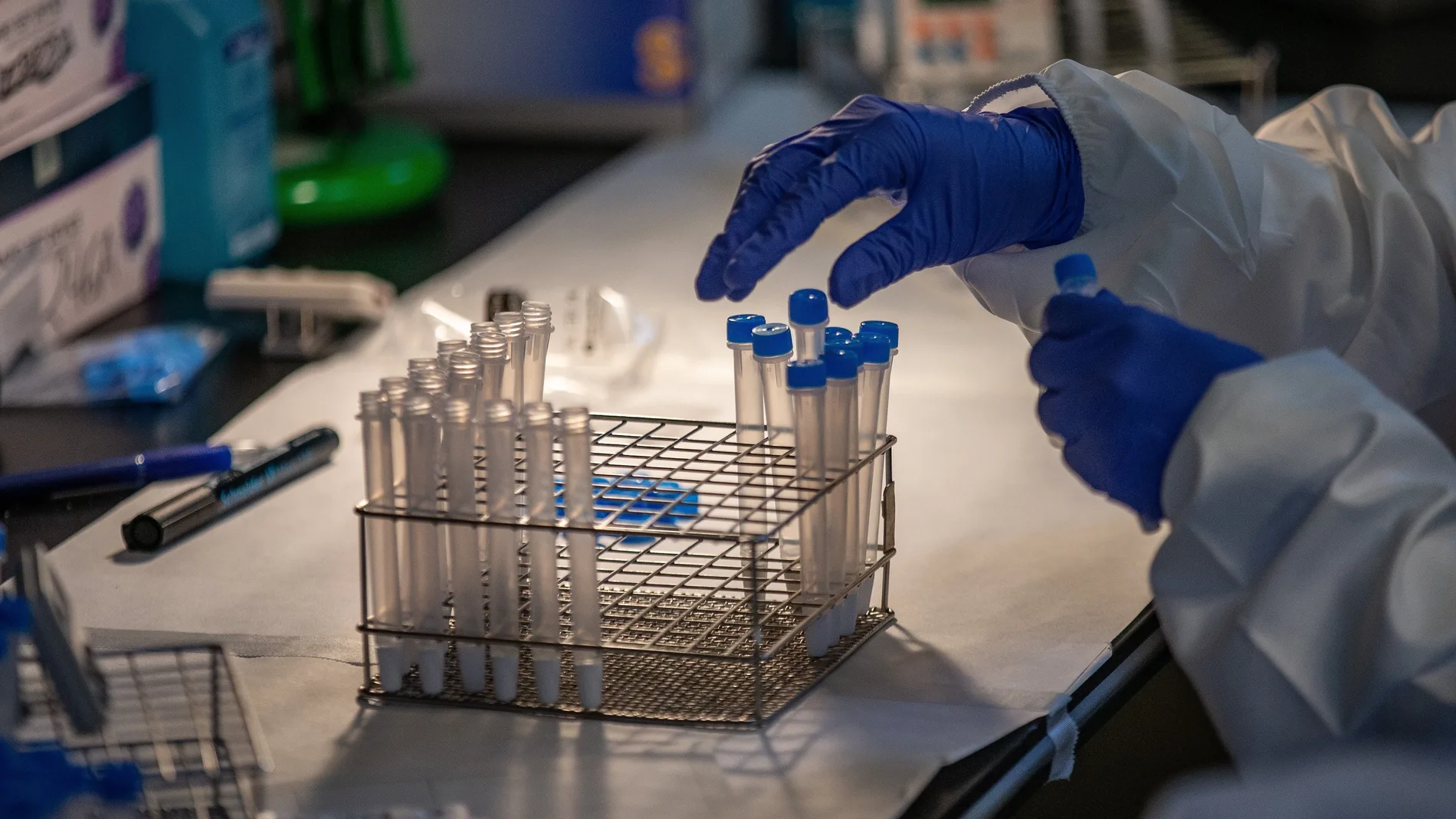 Profesionales sanitarios realizan test antígenos masivos de detección de la COVID-19 en el recinto modernista del Hospital de Sant Pau.