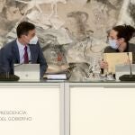 El presidente del Gobierno español, Pedro Sánchez, conversa con Pablo Iglesias, durante la reunión del Consejo de Ministros