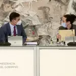 El presidente del Gobierno español, Pedro Sánchez, conversa con Pablo Iglesias, durante la reunión del Consejo de Ministros