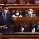 El presidente del Gobierno, Pedro Sánchez, interviene durante una sesión de control al Gobierno