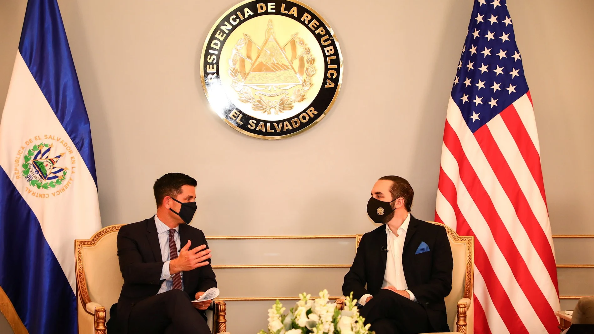 Acting U.S. Secretary of Homeland Security Chad Wolf talks to President of El Salvador Nayib Bukele during a meeting at the Presidential House, in San Salvador, El Salvador December 15, 2020. El Salvador's Presidency/Handout via REUTERS ATTENTION EDITORS - THIS IMAGE HAS BEEN SUPPLIED BY A THIRD PARTY. NO RESALES. NO ARCHIVES