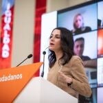 La presidenta de Ciudadanos, Inés Arrimadas, en una intervención en la sede de su partido en Madrid