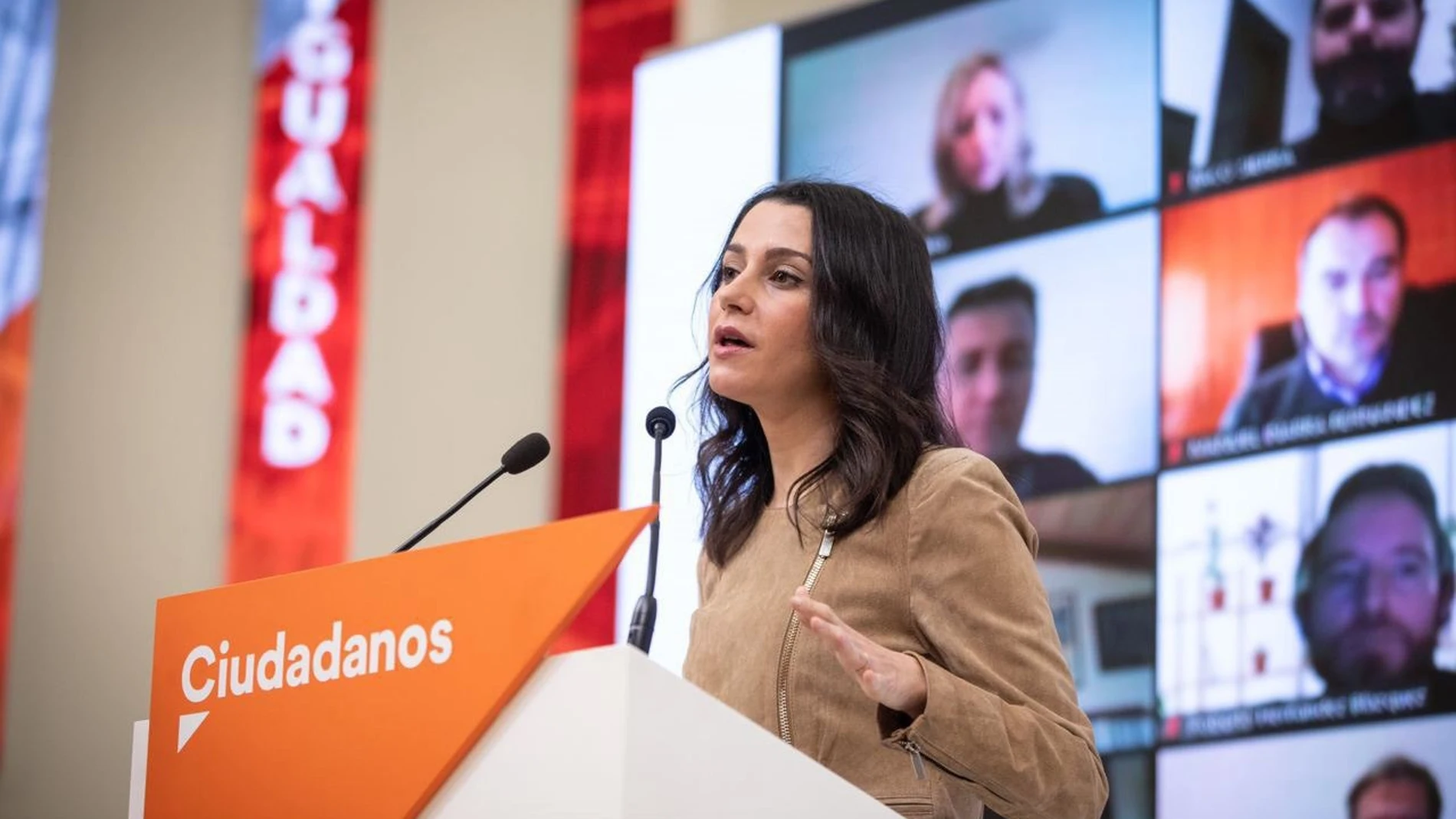 La presidenta de Ciudadanos, Inés Arrimadas, en una intervención en la sede de su partido en Madrid