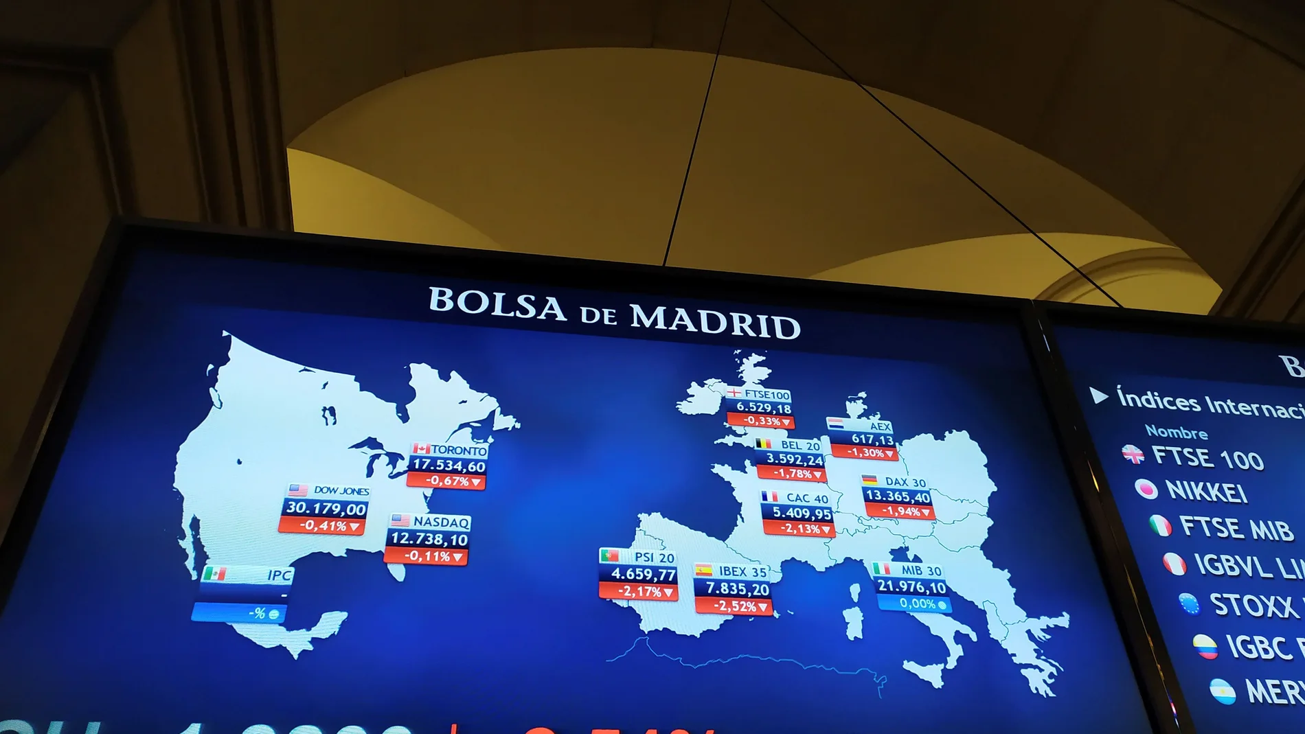 Una pantalla muestra varios índices internacionales tras la apertura de la sesión este lunes en el parqué madrileño