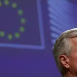 El negociador jefe de la UE, Michel Barnier, en la rueda de prensa de esta tarde en Bruselas