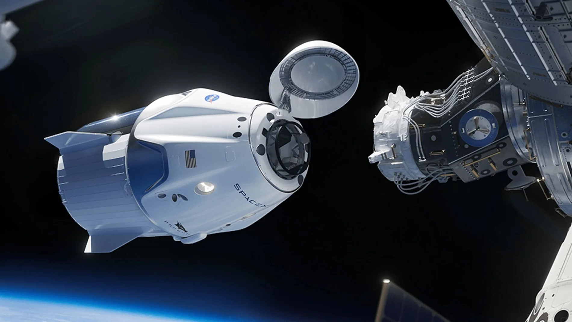 Cápsula Crew Dragon de SpaceX aproximándose a la Estación Espacial Internacional.