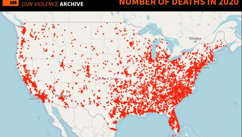 Mapa de Estados Unidos con datos de muertes violentas