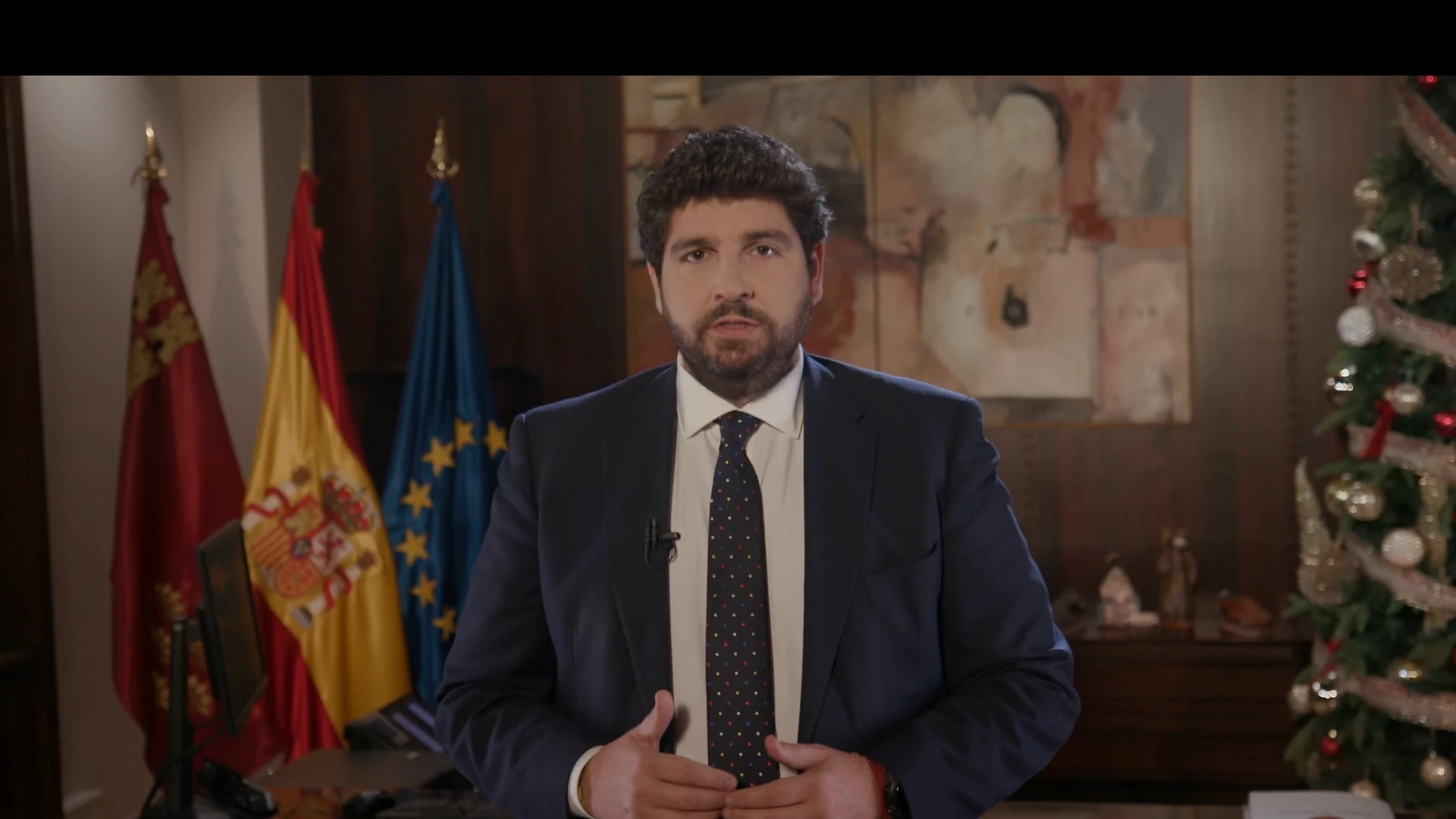 El presidente de la Región de Murcia, Fernando López Miras, durante su discurso de Fin de Año en el Palacio de San Esteban
